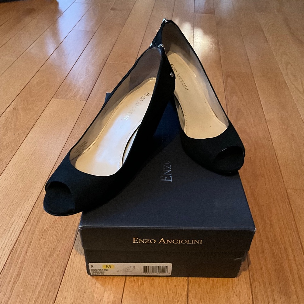 Enzo Angiolini women black suede open toe pump shoes with back zipper ac…